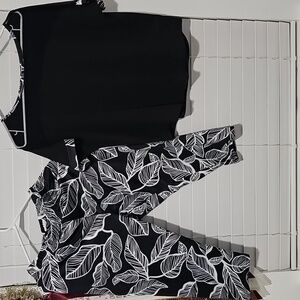 Black and White Leaf Print Women's Pants